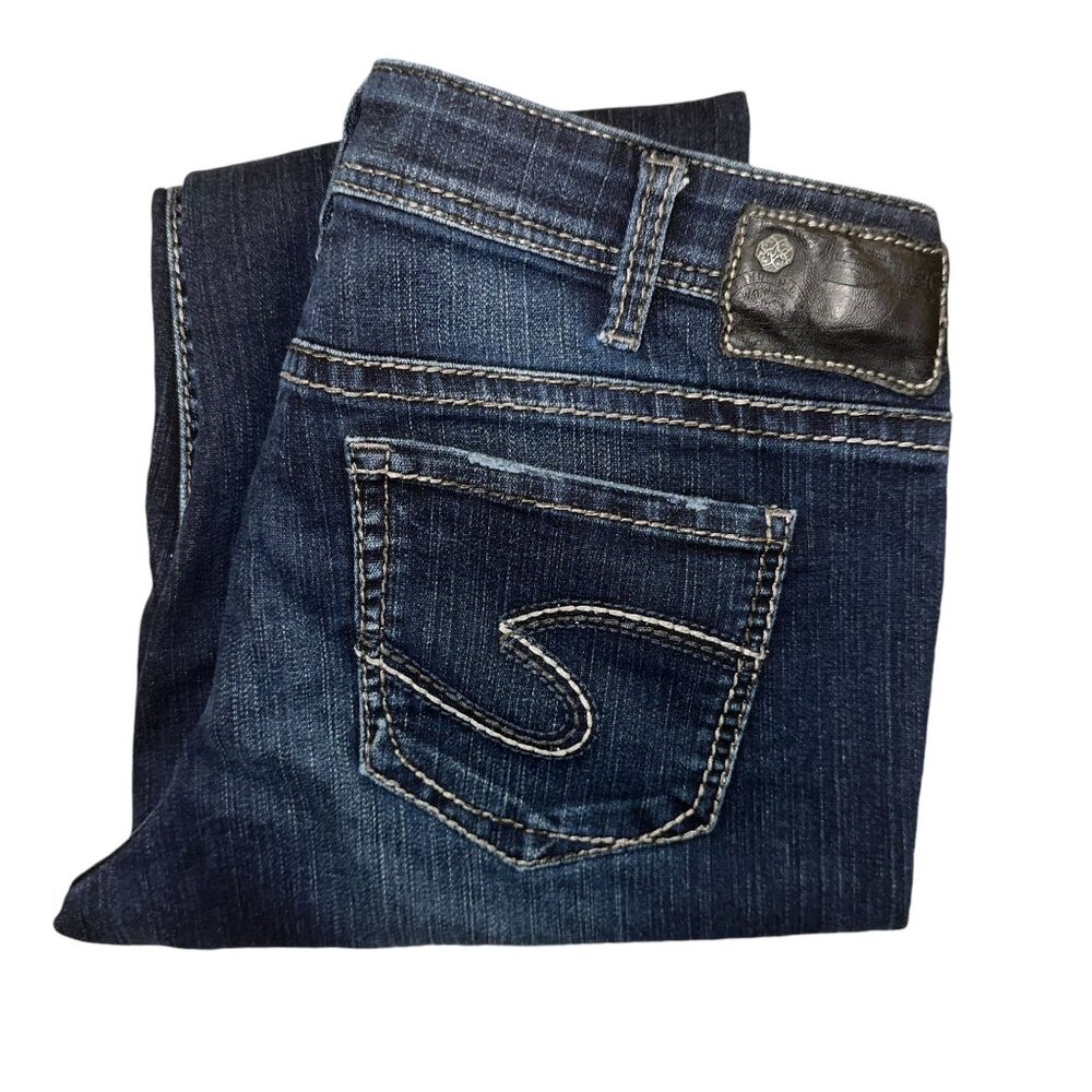 Silver Jeans Aiko Kick Flare Capris Jeans Womens 31 22 Dark Wash Embroidered